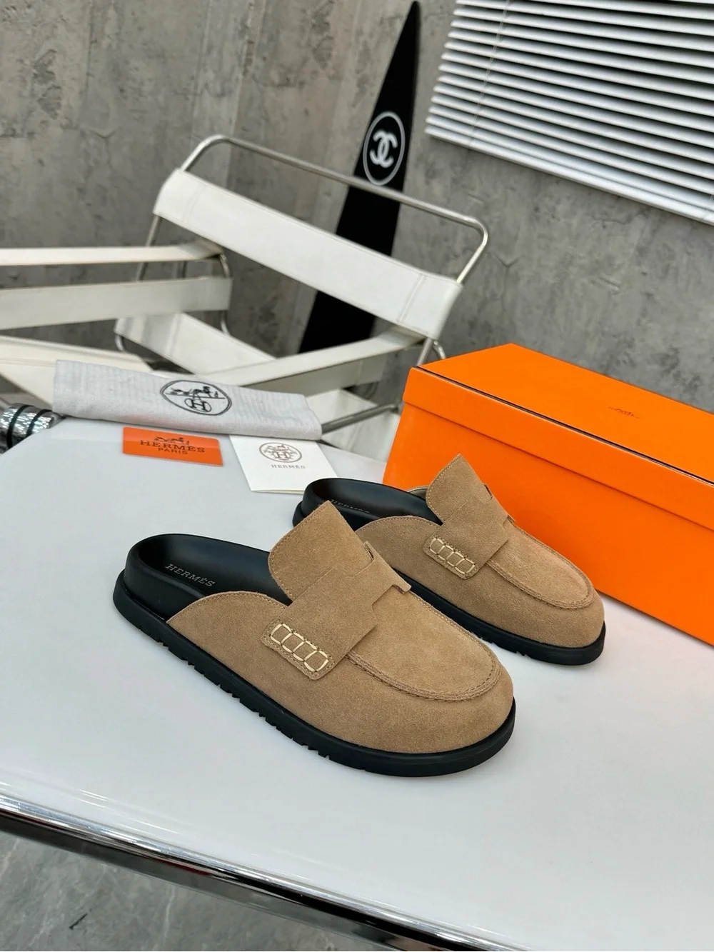 Hermes Men’s Beige Suede Slip-On Loafers with Black Insoles Hermes Men main image 2